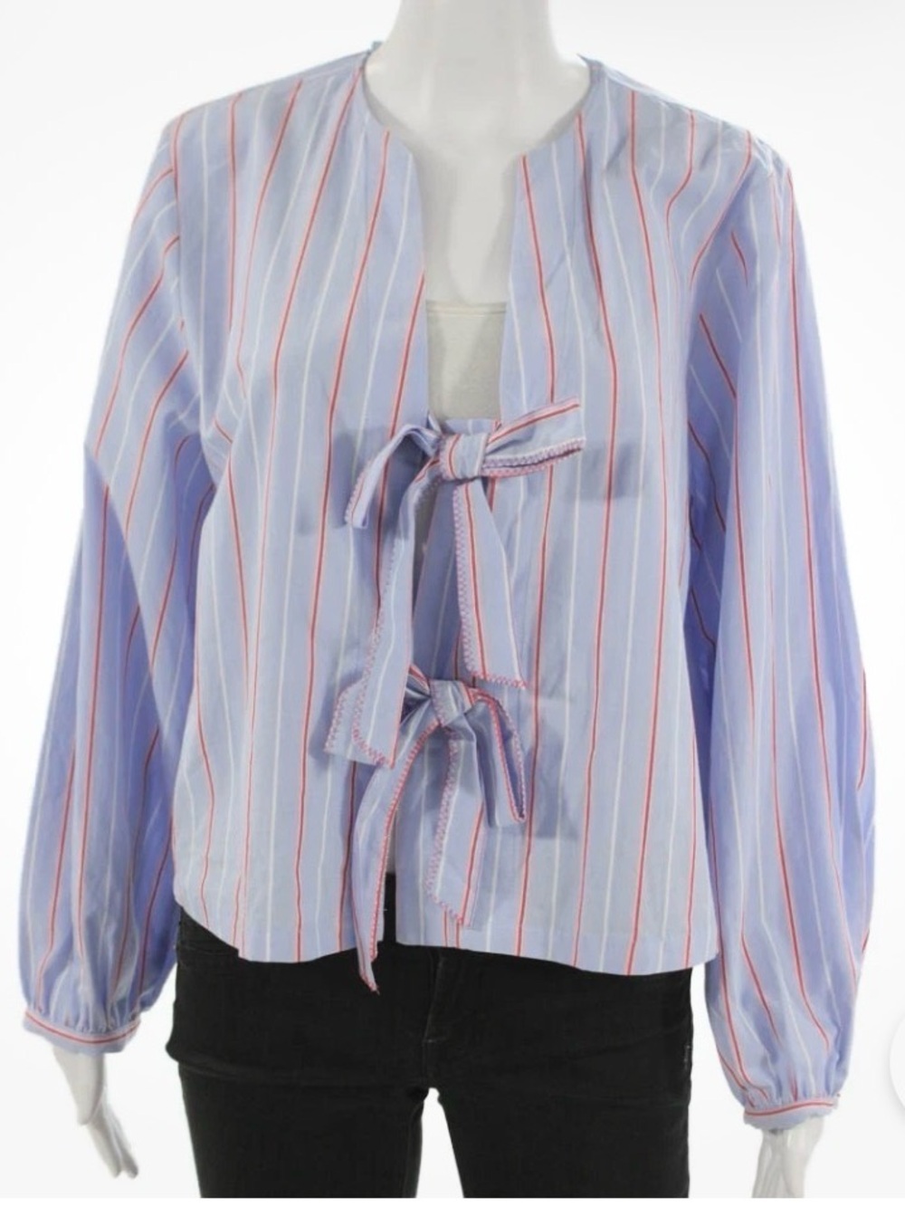 Zara Poplin Tie Blouse Striped - Picture 2 of 3